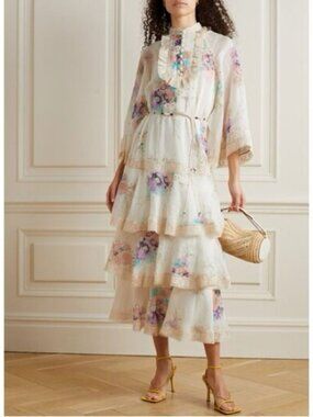 NWT Zimmermann Jude Tiered Crocheted Cotton Trim Floral Print Ramie Midi Dress